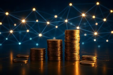 Golden coins stacks increasing with blockchain network for investment and cryptocurrency growth concept