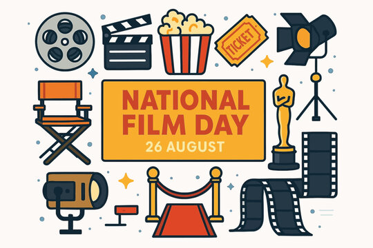 National Film Day vector set with film reels, camera, popcorn, spotlight, and cinema celebration icons