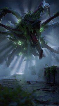 Glowing Green Monster by Waterfall at Night