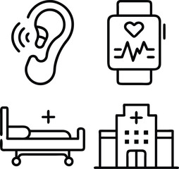 A collection of four simple line art icons representing healthcare and medical technology. Includes an ear with sound waves, a smartwatch with a heart rate monitor, a hospital bed, and a hospital buil