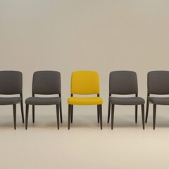 Fototapeta premium Visual Metaphor of “Standing Out” in Hiring, Featuring Yellow Chair Among Neutrals
