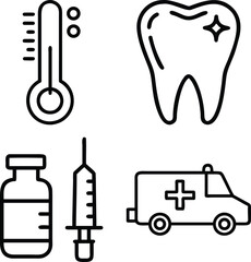 A collection of four simple, black and white line art icons representing medical concepts: a thermometer, a healthy tooth, a syringe, and an ambulance.