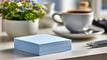 Light blue sticky notes on a desk with coffee