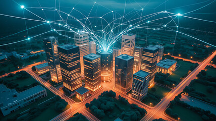 An abstract background of shimmering city lights captures a vibrant night cityscape.