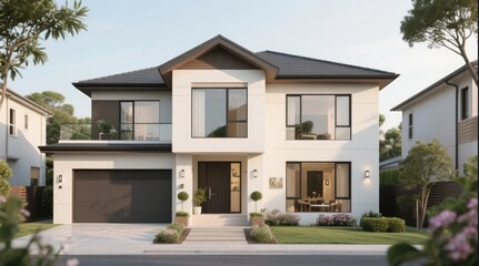 Modern residential architecture featuring luxury suburban and city homes with new construction, family gardens, and spacious windows under a bright sky