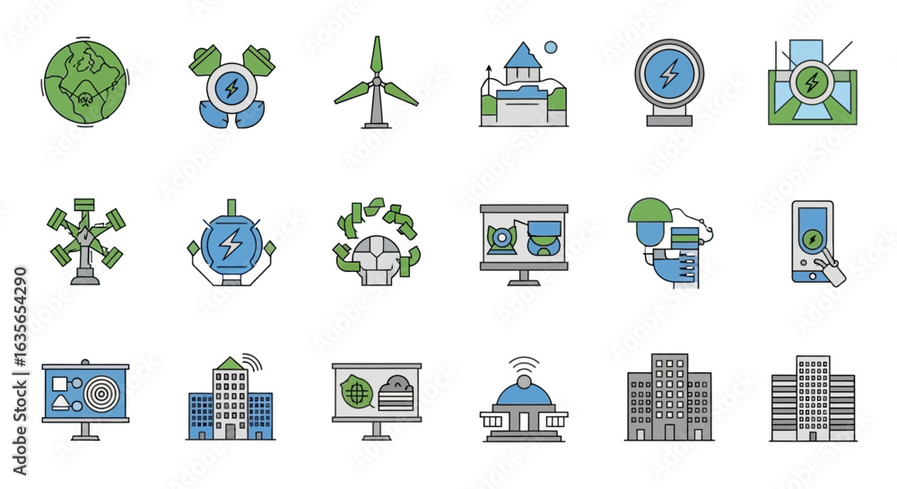 Poster vector icons set of a colorful collection of modern flat line icons representing technology renewabl