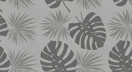 Elegant grayscale pattern of tropical monstera and palm leaves.
