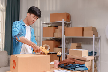 Online seller packing orders at home modern workspace e-commerce focus