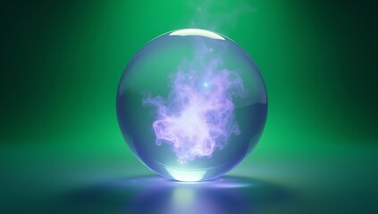 A glowing crystal orb with swirling magical mist inside, isolated on a green screen, ideal for fantasy or magical VFX overlays.

