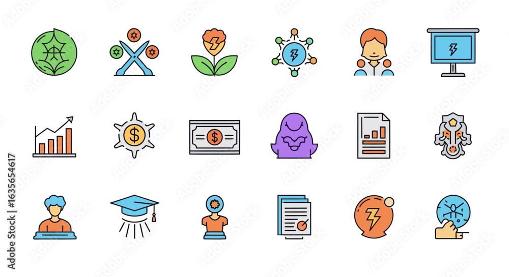 Poster vector icons set of collection of colorful flat line icons for business technology and education set
