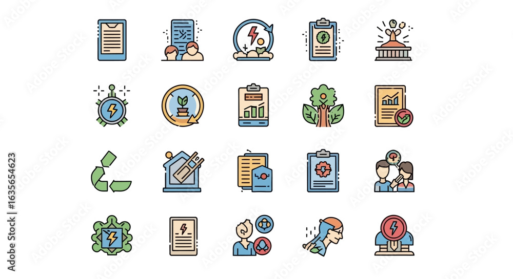 Poster vector icons set of set of colorful line art icons for ecology business and renewable energy concept