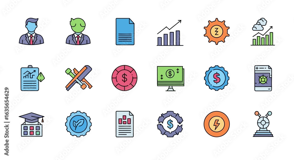 Poster vector icons set of set of colorful business and finance icons with bold outlines representing data 