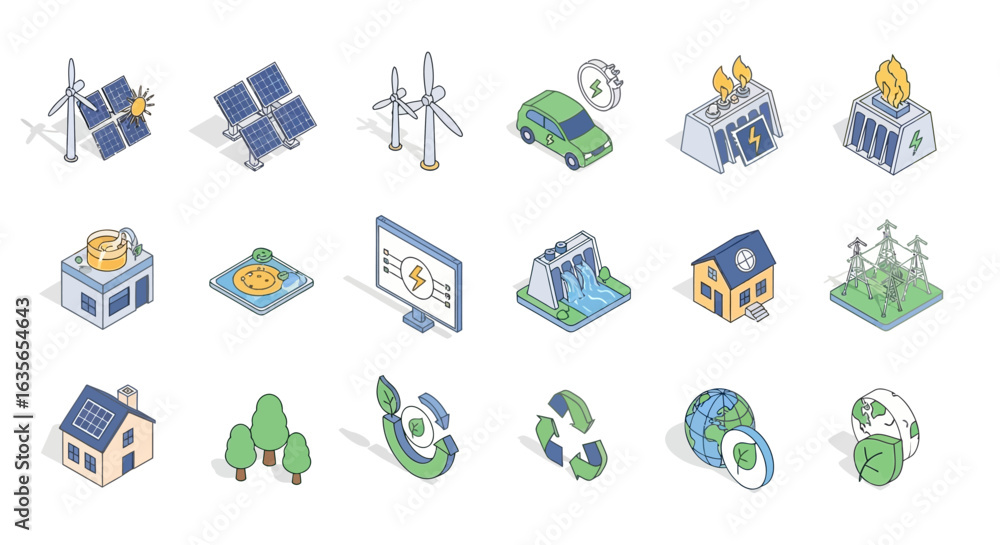 Poster vector icons set of isometric icon set illustrating green energy power generation and environmental 