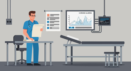 Physician Inspecting Medical Chart In Examination Room Diagnosing Chronic Illness
