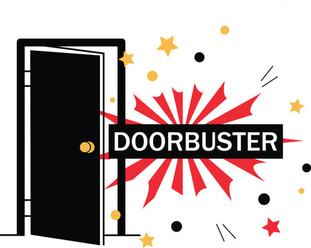 Black open door with red radial burst pattern and "DOORBUSTER" banner in white text, surrounded by stars and dots. Dynamic sale promotion graphic for retail discounts and marketing.