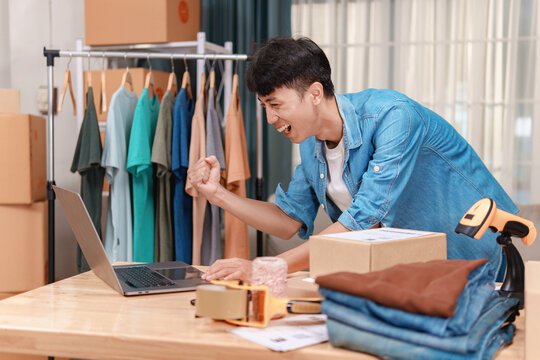 Exciting packing process for online shop seller at home office - Powered by Adobe