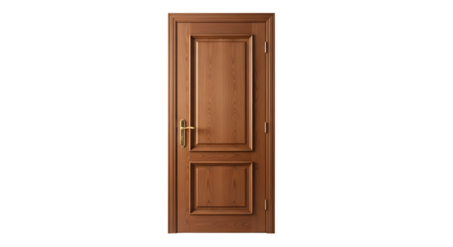 Wooden Door Stands Tall with Golden Handle on Transparent Background, Interior Design Themes