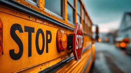 A close-up of a yellow school bus featuring a prominent "STOP" sign, set against a blurred background with raindrops on the window.