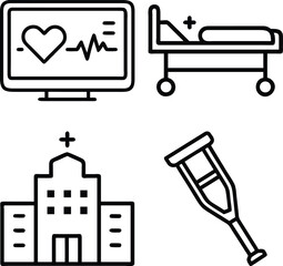 A set of four simple black and white line art icons representing healthcare and medical services.