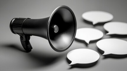 Megaphone accompanied by blank speech bubbles on a gray background invites public engagement and conversation in a creative setting
