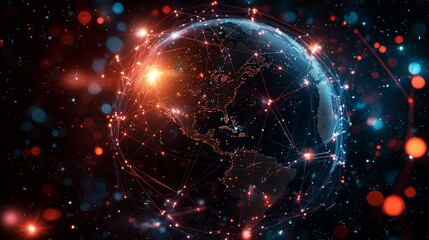 Fototapeta premium Global network connection represented through a digital globe with light effects showcasing North America