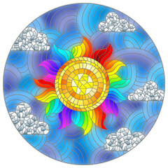 An illustration in stained glass style with an abstract bright sun on a blue sky background and a cloud