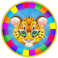 An illustration in stained glass style with baby leopard head on blue background , round picture in bright frame