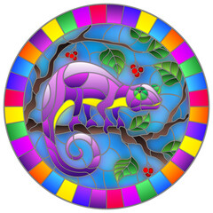 Illustration in stained glass style with purple chameleon on plant branches background with leaves and berries 