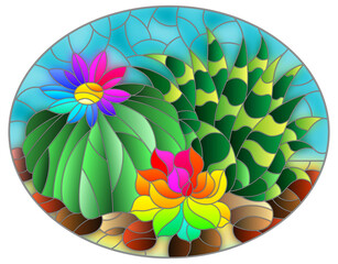An illustration in stained glass style with a composition of cacti, plants against the background of the desert and the blue sky