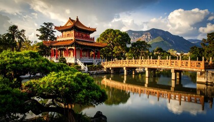 Fototapeta premium Asian garden pavilion, serene landscape