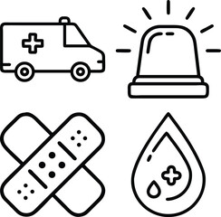 A simple, clean line art illustration featuring four distinct medical emergency symbols arranged in a grid. Includes an ambulance, a flashing siren, crossed bandages, and a blood drop.