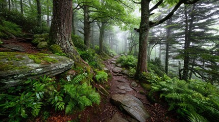 Obraz premium Misty mountain path, lush forest