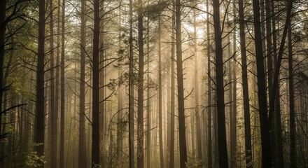 Obraz premium Golden Light Beams Pierce a Misty Forest of Towering Pine Trees