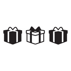 A black and white illustration of 8 gift box icons against a white background..