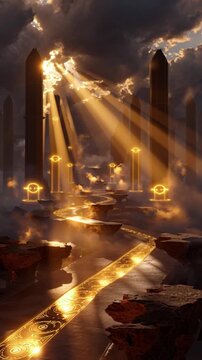 Golden Path Through Mystical Ruins at Sunrise