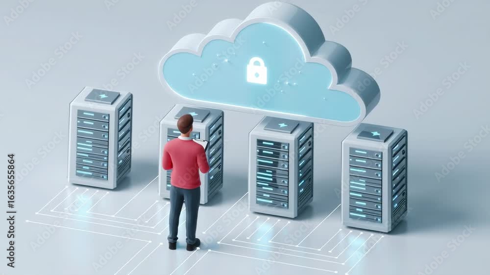 Poster a detailed flat isometric concept showcases cloud infrastructure featuring several server stacks and