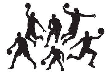 Big set of black vector silhouette basketball player isolated on white
