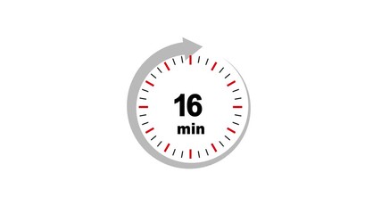 Animation video timer icon with 16 min. The 16 minutes, stopwatch icon. Stopwatch icon in flat style. 16 minute timer symbol,