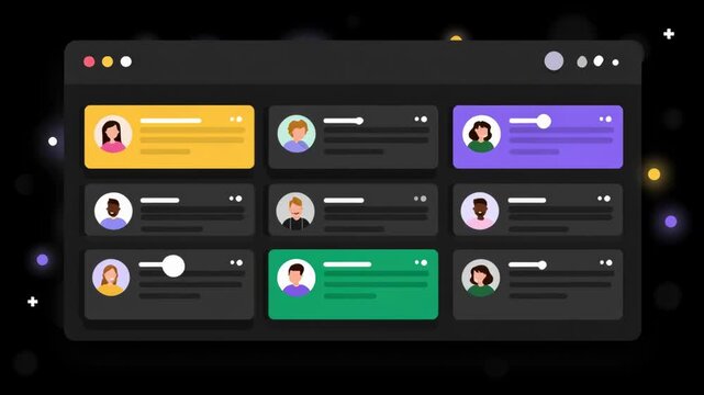 Flat minimal design of an AI-driven taskboard showcasing user profiles and activities in a modern workspace