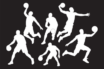 Big set of black vector silhouette basketball player isolated on white