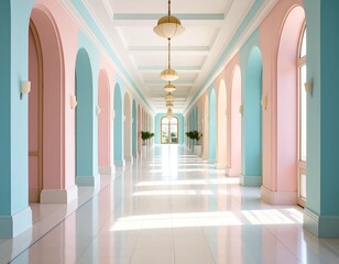 Fototapeta premium Symmetrical Hallway with Pastel Blue and Pink Walls