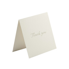 Off-white, thick, premium cardstock "Thank You" greeting card, small and new with crisp edges, isolated on a transparent seamless studio background with even, shadowless lighting, sharp focus on