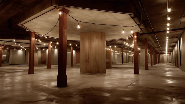 Empty industrial space with wooden pillars and warm lighting, ideal for events or photography