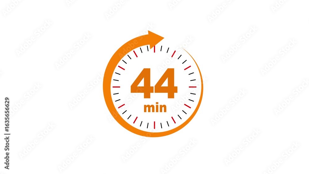 Poster 44 minutes timer symbol color style isolated on black background. 44 min time circle icon.44 minutes