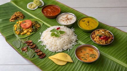 Traditional South Indian Banana Leaf Meal with Rice, Sambar, Rasam, Curd, and Spices
