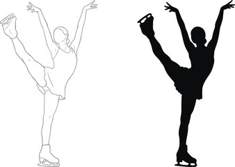 Figure skater illustration, high leg lift pose, ice skating elegance, silhouette and line art, athletic movement, graceful posture, winter sport, performance