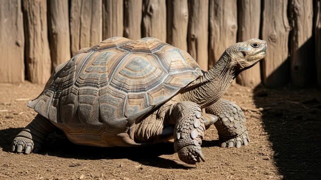 A large sulcata tortoise with a textured shell walks across dry ground in front of a wooden fence