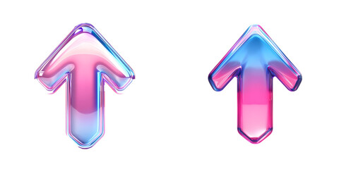 Glossy Pink And Blue 3D Down Arrow Icon with reflective surface symbolizing direction isolated on transparent background