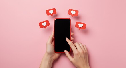 Hands holding a red smartphone with social media heart icons floating around it.