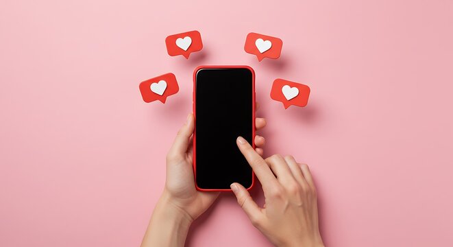 Hands holding a red smartphone with social media heart icons floating around it.
